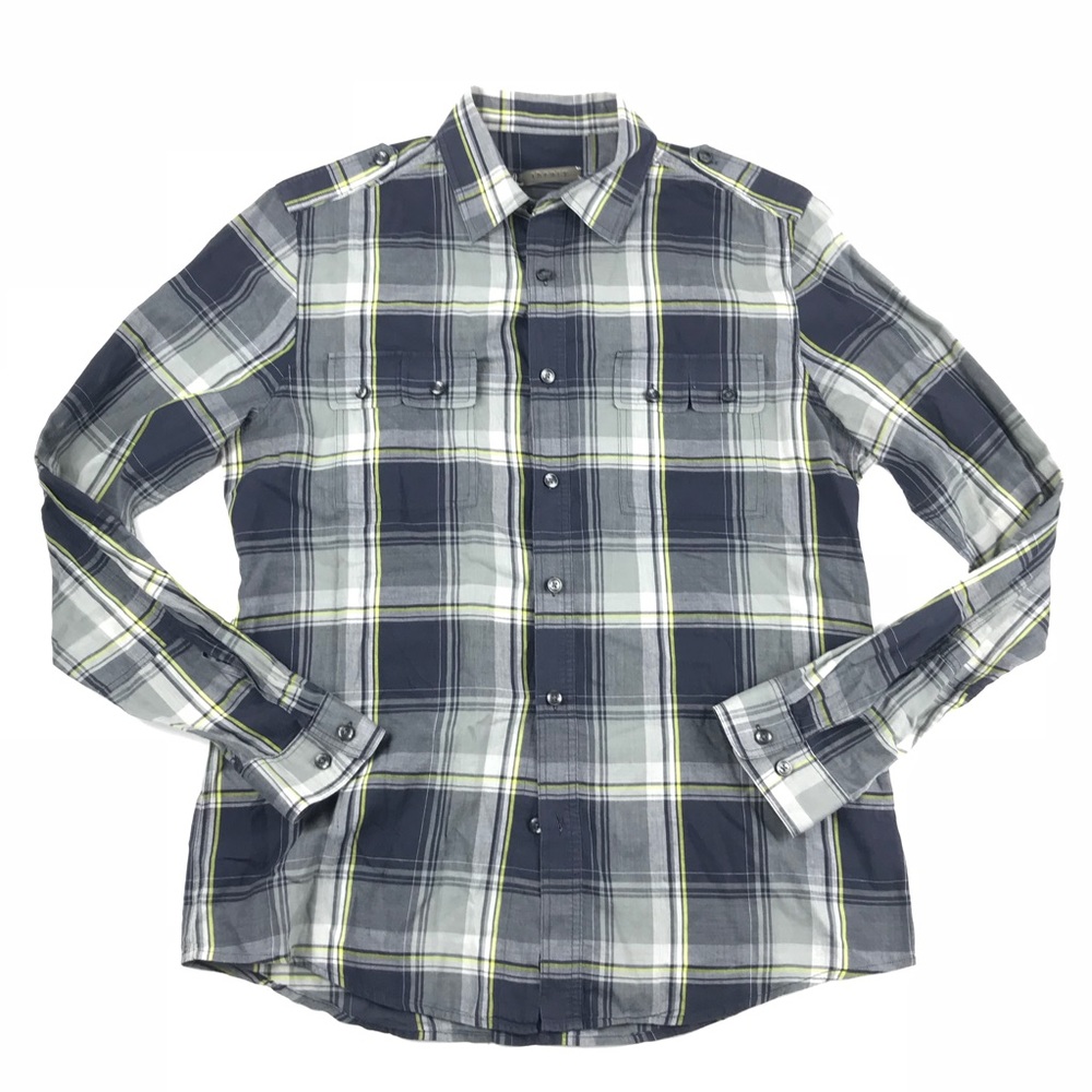 THEORY Button Down Shirt Blue Gray Yellow Plaid